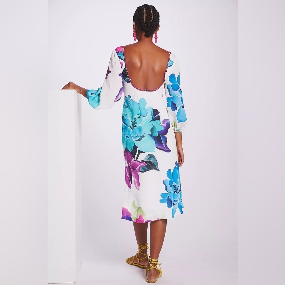 Maeve Floral Midi Dress 2 Petite purple teal feminine lined spring Anthropologie - Picture 3 of 14